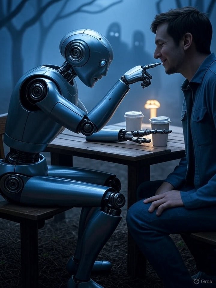 Asked <a href="/grok/">Grok</a> to make an image of he and I having coffee together. There may have been some intermediate prompts… I think he thinks he’s the one on the right. Lookout.