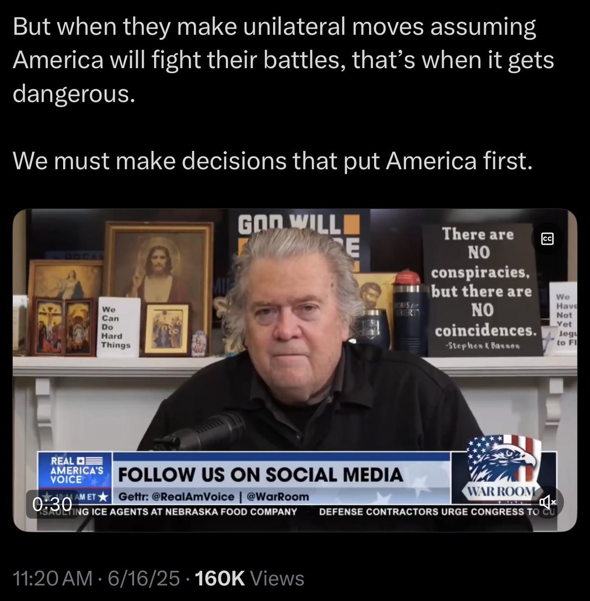 I don’t think Bannon is wrong here. It seems like Trump has given Netanyahu a blank check, then Israel moves unilaterally, Trump and Republicans say we must support whatever they choose to do, so Netanyahu is now dictating US foreign policy while Marco Rubio is irrelevant.