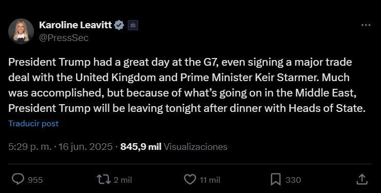 #ÚLTIMAHORA

El presidente de EE.UU., Donald Trump, abandonará esta noche la Cumbre del G7.

La portavoz de la Casa Blanca, Karoline Leavitt, anunció que la decisión se debe al conflicto armado entre Israel e Irán.

Más en lopezdoriga.com