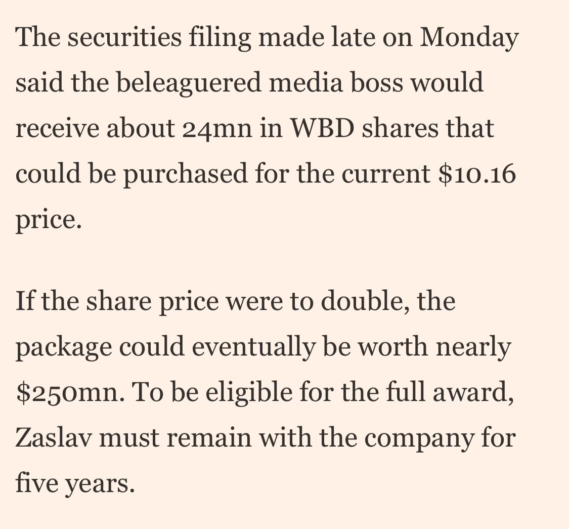 sindap's tweet image. Warner trying very hard to spin new pay deal for Zaslav as a pay cut but the options will be worth $250mn even if the stock price doesn’t even get back to level on day of Discovery/ TW merger:
on.ft.com/4n0zR2Z