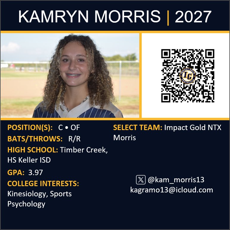 Kam Morris (@kam_morris13) on Twitter photo I’m Kamryn “Kam” Morris — C/OF with <a href="/igntxmorris/">Impact Gold NTX Morris 18U</a>. I’m fully dedicated to competing, learning, and growing every day. Excited to start my recruiting journey and find the right fit for me on and off the field!#uncommited #softballrecruit #classof2027 #goldblooded #impactgold I’m Kamryn “Kam” Morris — C/OF with <a href="/igntxmorris/">Impact Gold NTX Morris 18U</a>. I’m fully dedicated to competing, learning, and growing every day. Excited to start my recruiting journey and find the right fit for me on and off the field!#uncommited #softballrecruit #classof2027 #goldblooded #impactgold