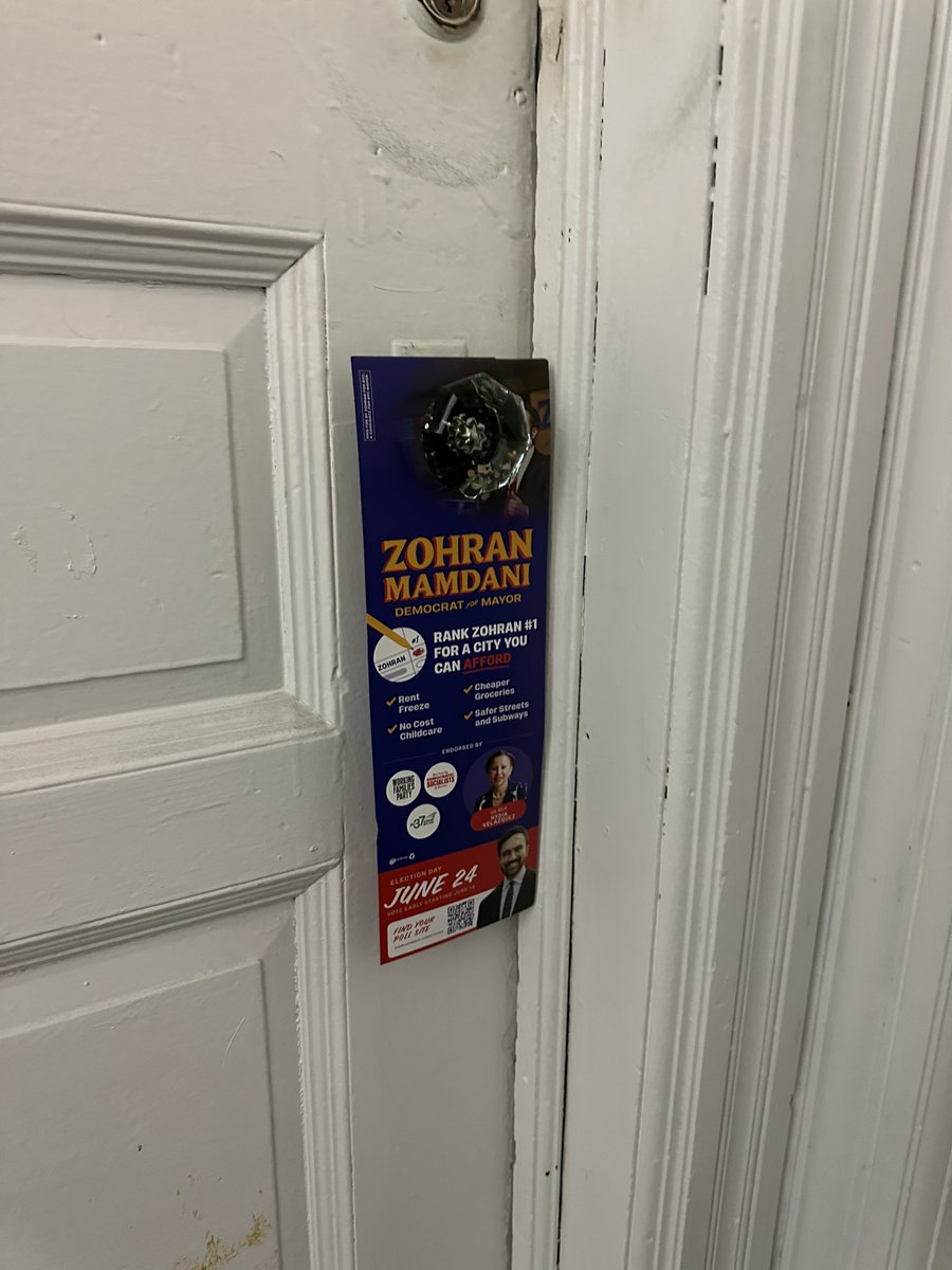 garrettjko's tweet image. returning home to my wildly inaccessible and broken buzzer building to see that zohran mamdani canvassers successfully entered and canvassed. built different. go vote!
