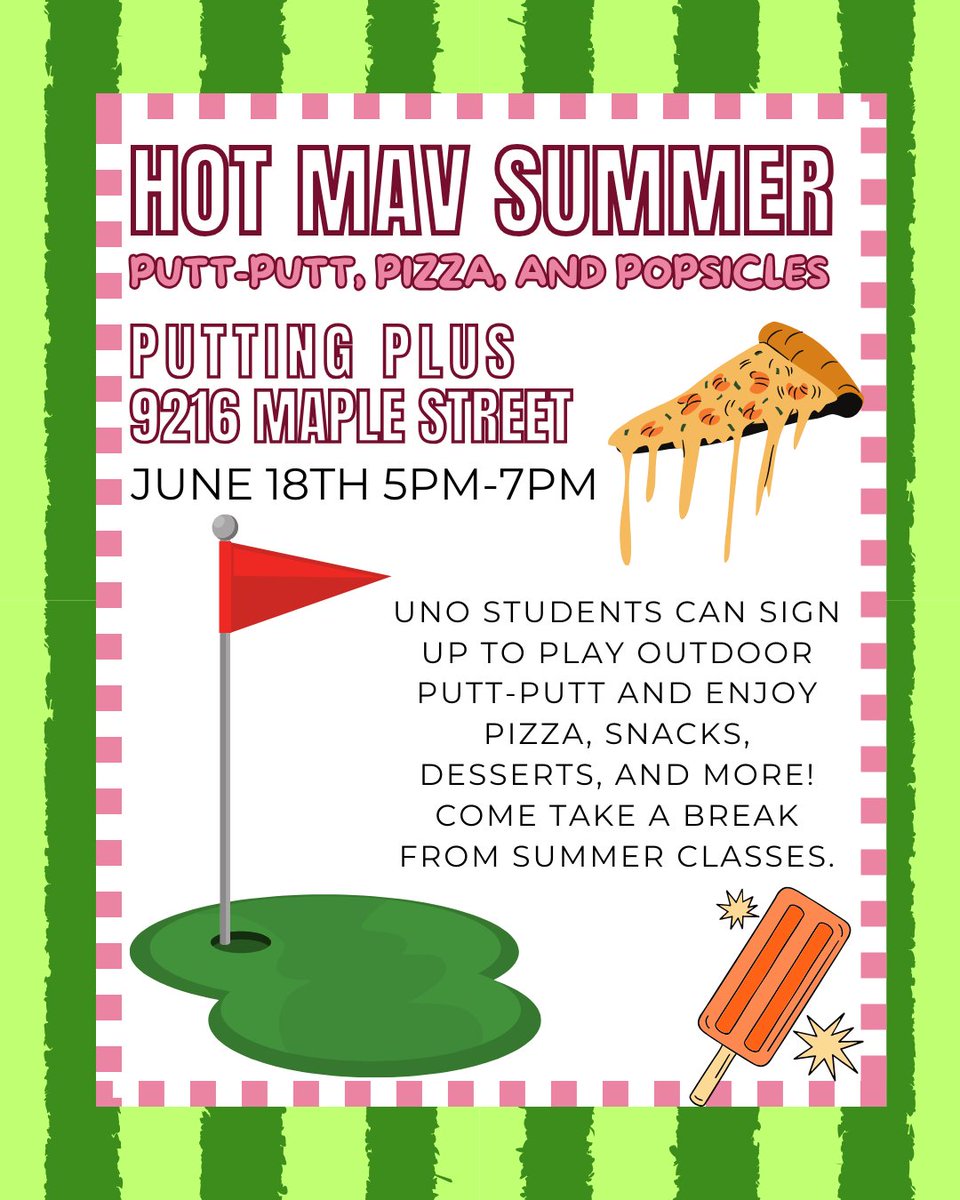 Hey <a href="/UNOmaha/">University of Nebraska at Omaha</a> we have summer events to keep you engaged, connected, and social!  Why not join us for putt-putt this week?  Just RSVP below!

Wednesday, June 18th
Putt-Putt, Pizza, and Popsicles
5 P.M. – 7 P.M.| Putting Plus (9216 Maple Street)
UNO students can sign up to play