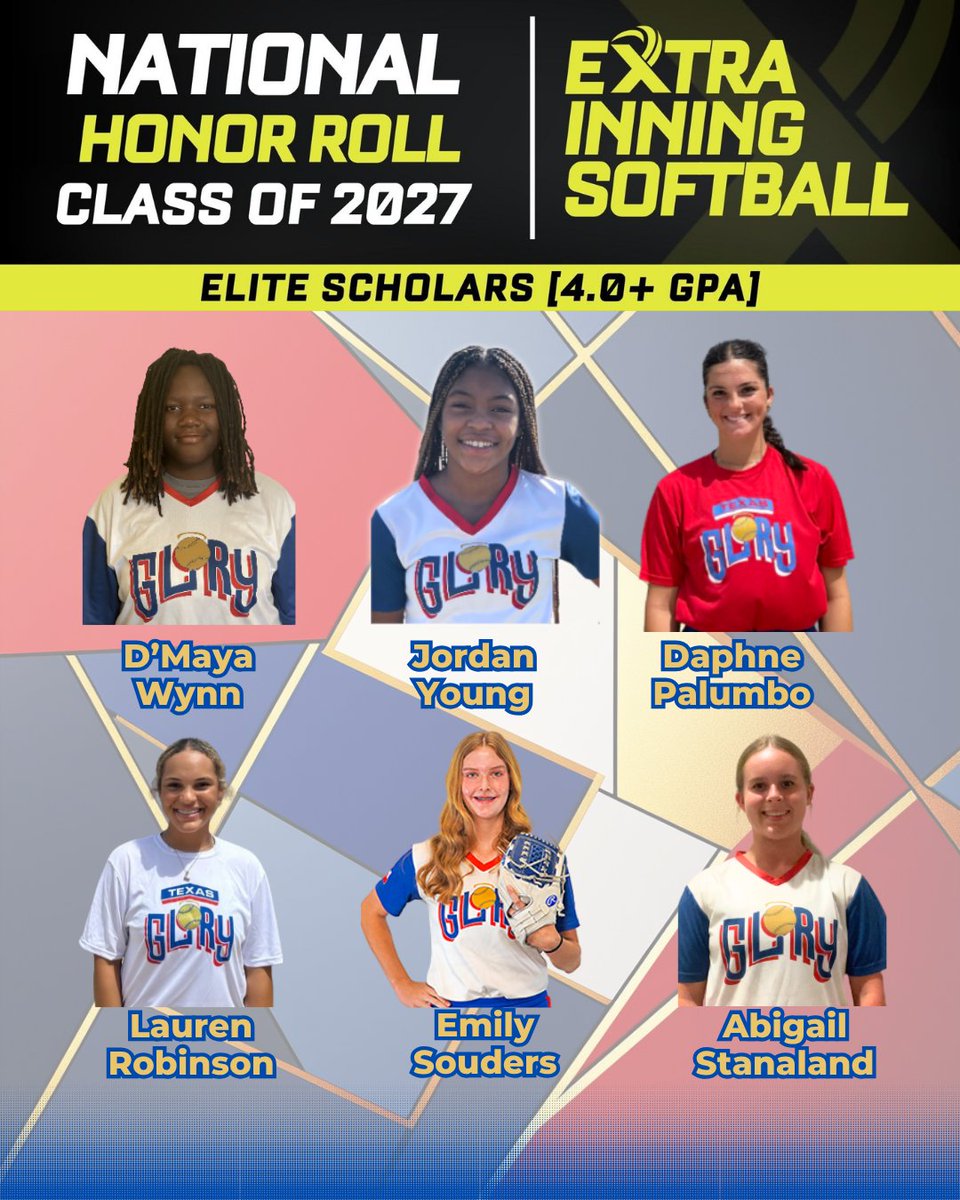 14 Texas Glory players make the Extra Innings 2027 National Honor Roll - Elite Scholars (4.0+ GPA). 

@texasglory @extrainningsb @ripitsports @eastonfastptich