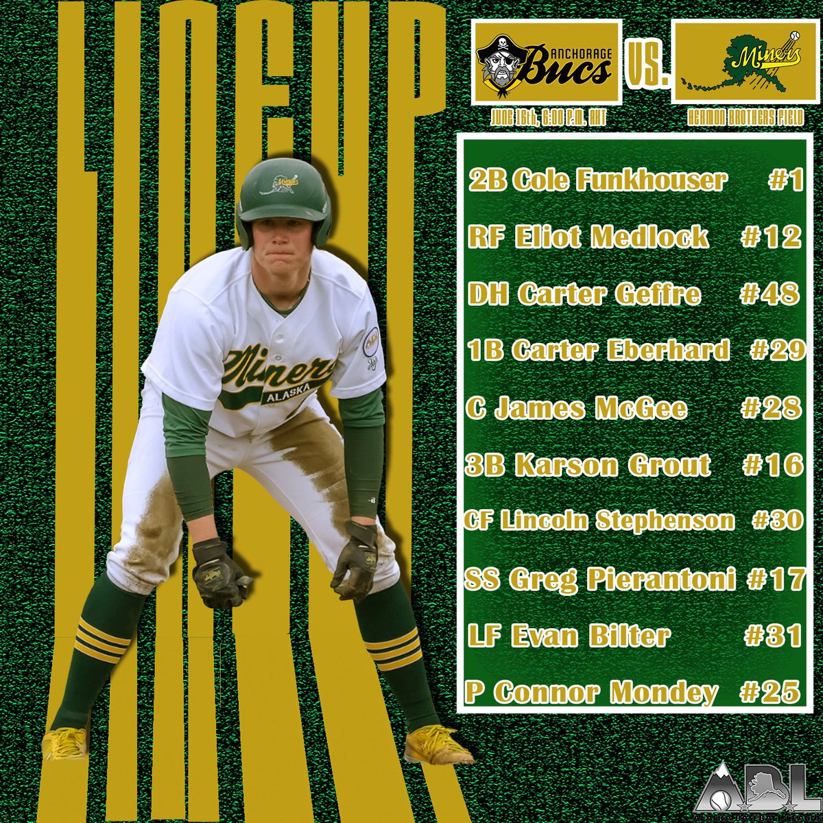 Here's your lineup for tonight's game against the @anchoragebucs.

Game starts at 6pm.

See you at Hermon Brothers Field!

Image designed by @landonstilz
