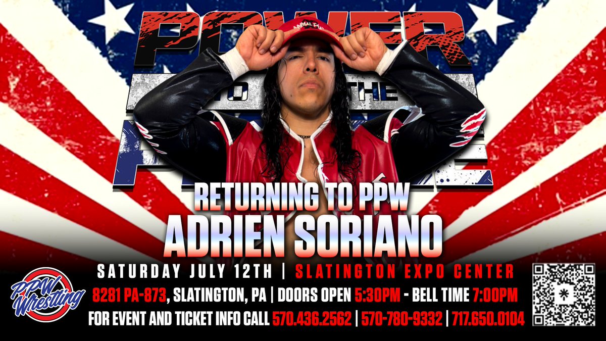 Next Level ushered in a new era in PPW, and on July 12th, we make things Super Fresh with a long-awaited return!

ADRIEN SORIANO returns to Slatington at Power to the People!

Tickets are on sale now and moving fast!

🎟️: ppwwrestling.com/shop
🎨: Lor Diaz