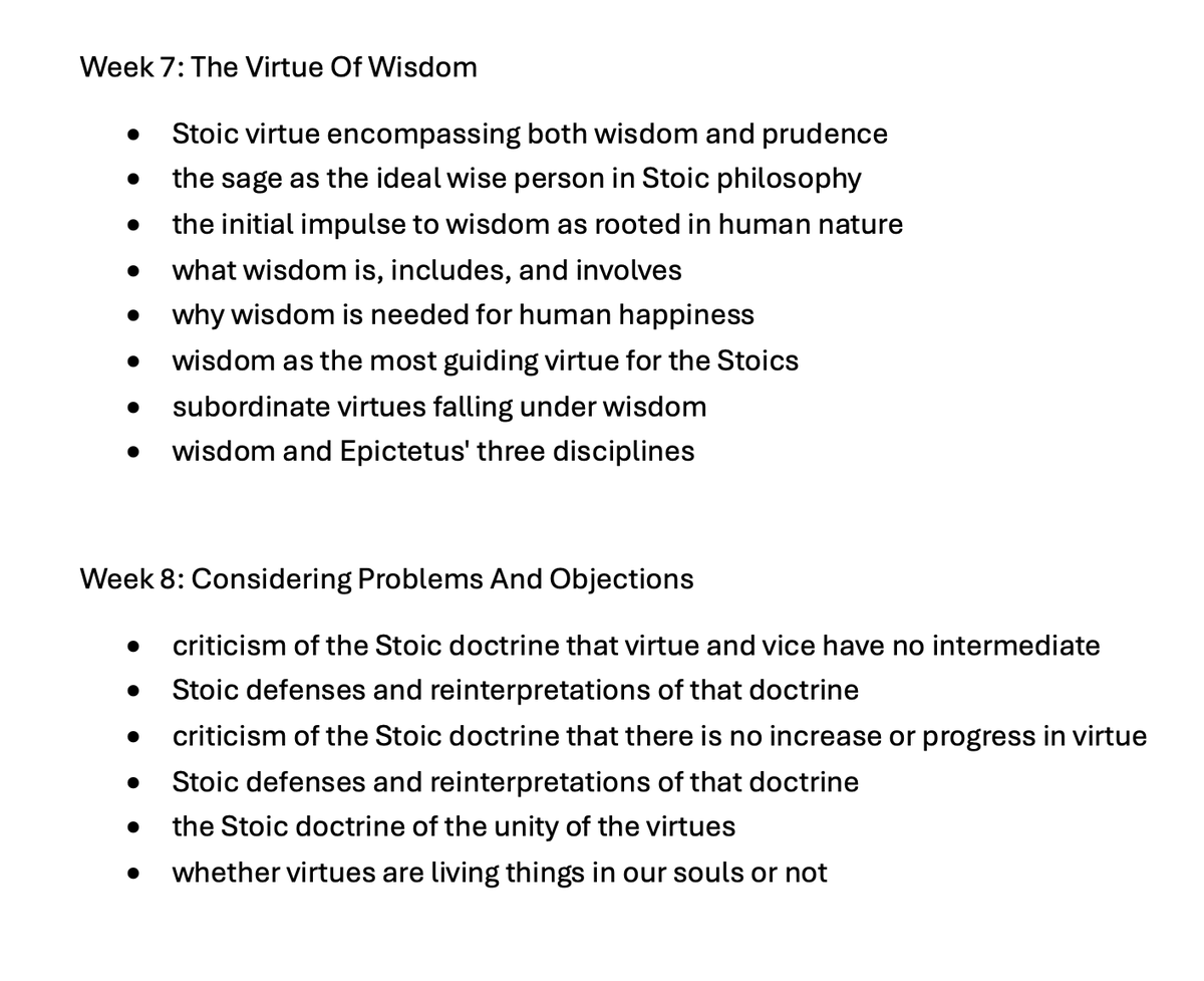 What topics will we be focusing upon in my online Stoicism and the Cardinal Virtues Class?  Here are overviews of main topics for each of the 8 weeks of the course. Session 1 happens on Saturday, June 28. Here's where you can learn more and enroll! reasonio.teachable.com/p/stoicism-car…