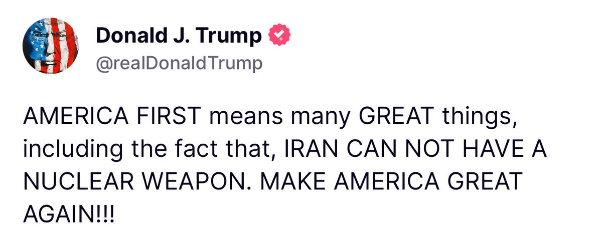 🚨BREAKING: President Trump just said, "AMERICA FIRST means many GREAT things, including the fact that, IRAN CAN NOT HAVE A NUCLEAR WEAPON."

AMERICA FIRST!🇺🇸