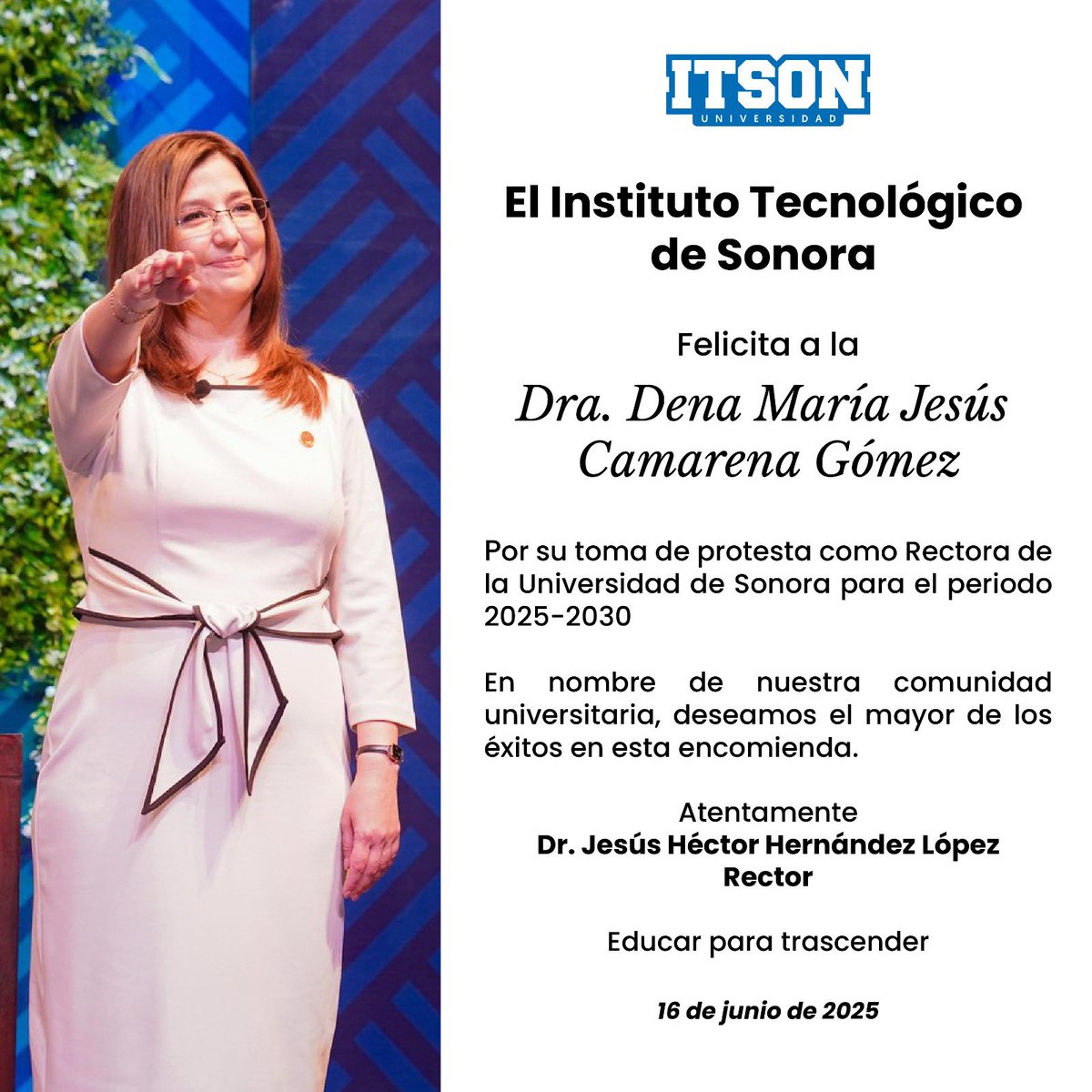 ITSON Universidad (@itson) on Twitter photo La comunidad universitaria del Instituto Tecnológico de Sonora (ITSON), desea el mayor de los éxitos a la Dra. Dena María Jesús Camarena Gómez, Rectora de la Universidad de Sonora <a href="/SoyUnison/">Soy Unison</a> para el periodo 2025-2030.
¡Enhorabuena! La comunidad universitaria del Instituto Tecnológico de Sonora (ITSON), desea el mayor de los éxitos a la Dra. Dena María Jesús Camarena Gómez, Rectora de la Universidad de Sonora <a href="/SoyUnison/">Soy Unison</a> para el periodo 2025-2030.
¡Enhorabuena!