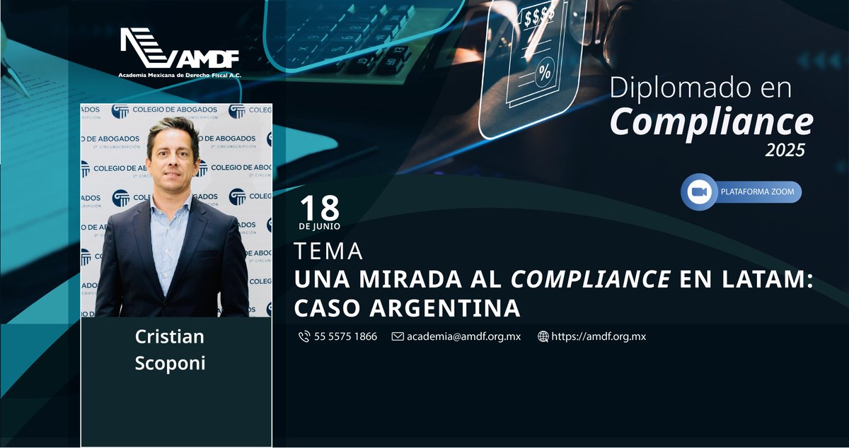 AMDF (@amdf4) on Twitter photo El Dr. <a href="/cristianscoponi/">Cristian Scoponi</a> será nuestro ponente de honor en la última sesión del diplomado en compliance, impartiendo el tema "Una mirada al Compliance en LATAM: caso Argentina".
Conoce la agenda en amdf.org.mx/save-the-date-…
<a href="/YubaniRam/">Yubani Ramirez Amayo</a> El Dr. <a href="/cristianscoponi/">Cristian Scoponi</a> será nuestro ponente de honor en la última sesión del diplomado en compliance, impartiendo el tema "Una mirada al Compliance en LATAM: caso Argentina".
Conoce la agenda en amdf.org.mx/save-the-date-…
<a href="/YubaniRam/">Yubani Ramirez Amayo</a>