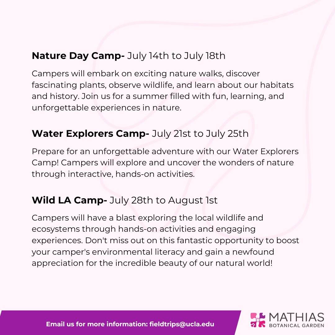 UCLA Mathias Botanical Garden (@uclabotanical) on Twitter photo Adventure awaits our young explorers! Join us this summer for a week full of fun, discovery, and outdoor adventures at Nature Day Camp. Perfect for curious minds aged 6-10 ๐ฃ๏ธ ๐
Email fieldtrips@ucla.edu or click the link in our bio for more information! Adventure awaits our young explorers! Join us this summer for a week full of fun, discovery, and outdoor adventures at Nature Day Camp. Perfect for curious minds aged 6-10 ๐ฃ๏ธ ๐
Email fieldtrips@ucla.edu or click the link in our bio for more information!
