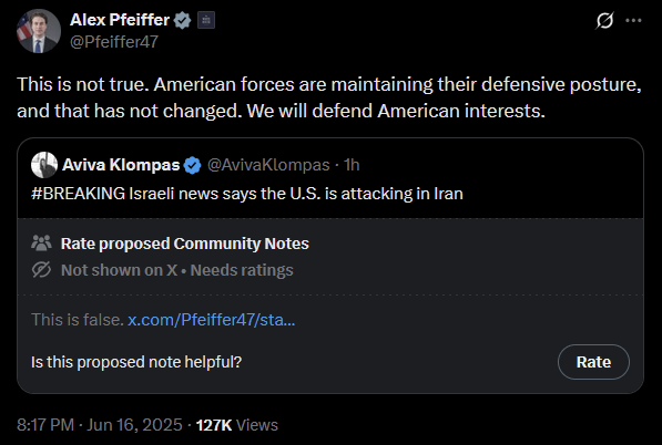 Deputy assistant to US president Donald Trump debunks report claiming US is attacking Iran, says "American forces are maintaining their defensive posture, and that has not changed."