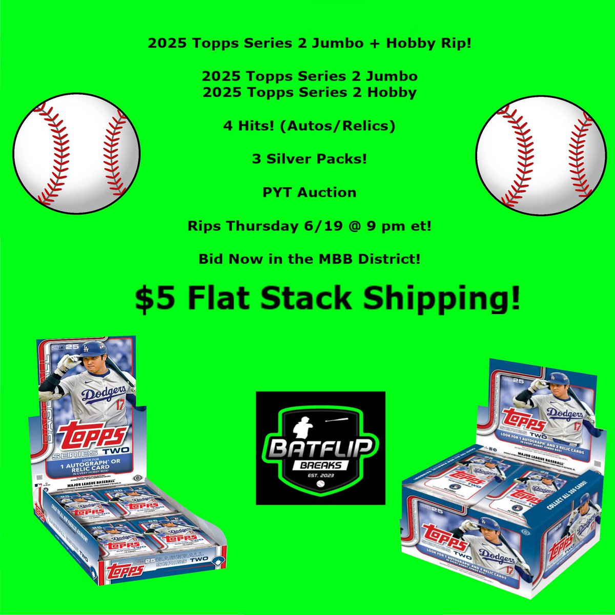 BatflipBreaks's tweet photo. 🚨Rips Thursday!

⚾️2025 Topps Series 2 Jumbo + Hobby 2 Box Rip!

⚾️2025 Topps Series 2 Jumbo Hobby
⚾️2025 Topps Series 2 Hobby

4⃣ Hits (Autos/Relics)
3⃣ Silver Packs!

Rips Thu 6/19 @ 9 pm et!

Bid Now in @midwestboxbreak MBB Distrct!👇

https://t.co/bu68HdUkZ5 https://t.co/SJMsXF6e58
