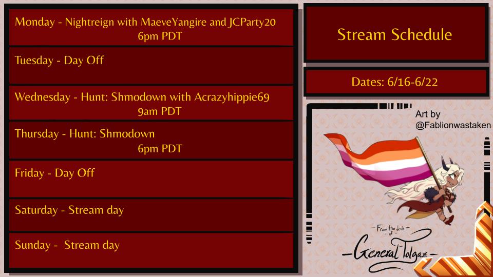 Here is the schedule this week my Zuiknights! Hopefully I'll have more hardset times for the weekend, but it's always subject to change. Hope to see you tonight! 🖤🖤🖤