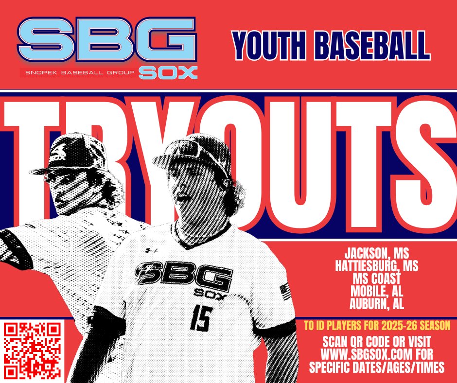 P360Jackson's tweet image. BIG WEEK of SBG SOX Youth Tryouts! And it's not too late to register.
-Hattiesburg, MS (Mon & Tues)
-Jackson, MS (Mon - Weds)
-MS Coast (Mon & Tues)
To see all dates, times, locations, and details for SBG SOX Youth Baseball Tryouts in your area visit: sbgsox.com/upcoming-tryou…
