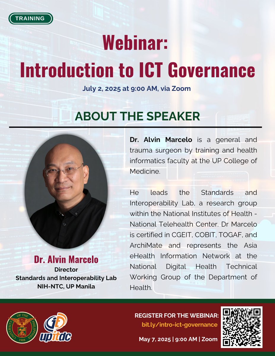 UP ITDC invites UP staff and SUC staff to a free webinar on “Introduction to ICT Governance.” An expert will tackle fundamental understanding of ICT governance framework and key concepts.

Register via Zoom: bit.ly/intro-ict-gove… 

For inquiries, email us at itdc_info@up.edu.ph