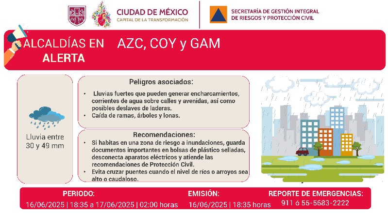 Se activa #AlertaRoja por persistencia de #lluvias fuertes para la noche del lunes 16/06/2025 y madrugada del martes 17/06/2025, en las demarcaciones: <a href="/AzcapotzalcoMx/">Alcaldía Azcapotzalco</a>, <a href="/Alcaldia_Coy/">Alcaldía de Coyoacán</a>  y <a href="/TuAlcaldiaGAM/">Alcaldía Gustavo A. Madero</a>. Mantente informado. #TrabajandoJuntos #LaPrevenciónEsNuestraFuerza #Tlaloque