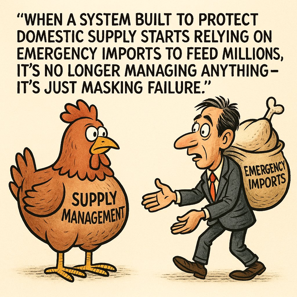 The Chicken Crisis Supply Management Won’t Admit

Canada’s supply management system—once heralded as a pillar of food security and agricultural self-sufficiency—is failing at its most basic function: ensuring reliable domestic supply.

According to the latest figures from the