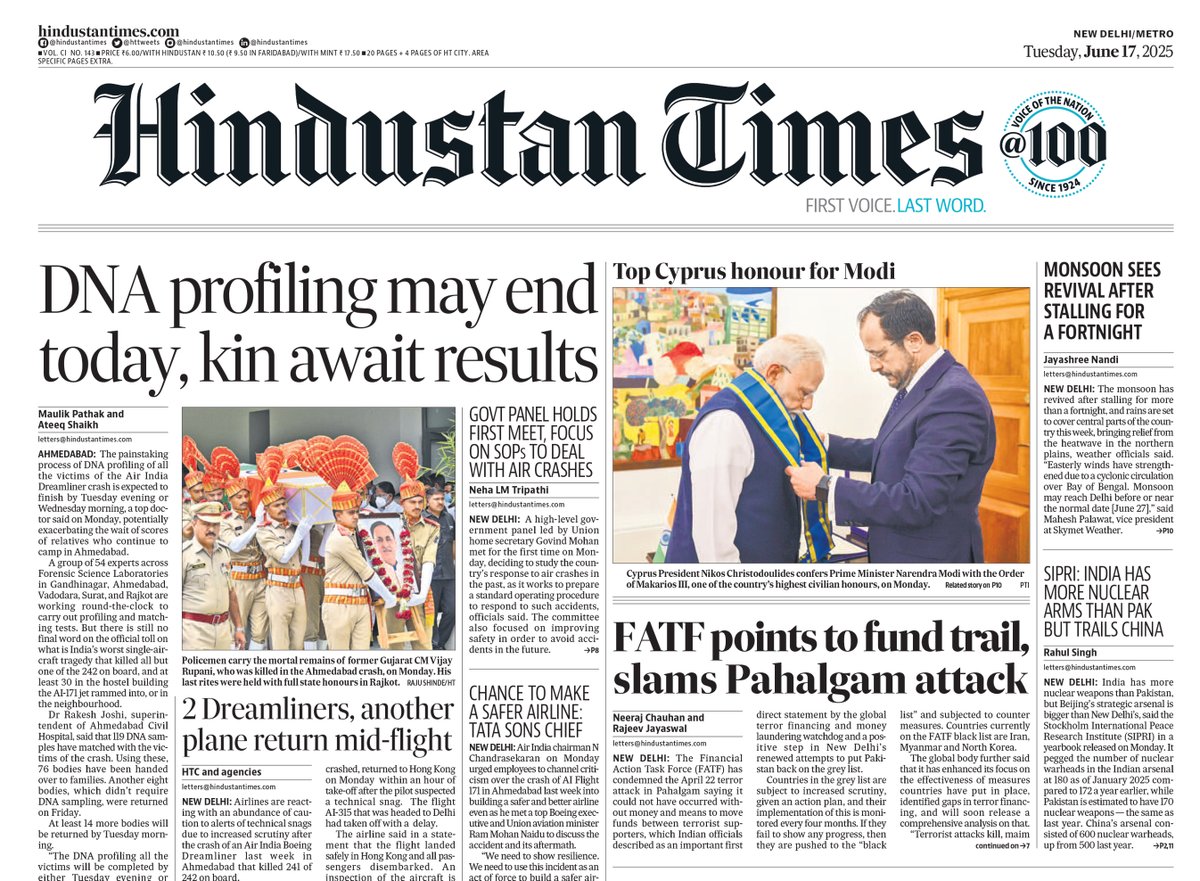 ▶  DNA profiling may end today, kin await results 

▶ FATF points to fund trail, slams Pahalgam attack

Read more in today's Hindustan Times print edition: epaper.hindustantimes.com

Subscribe bit.ly/2QAOH22