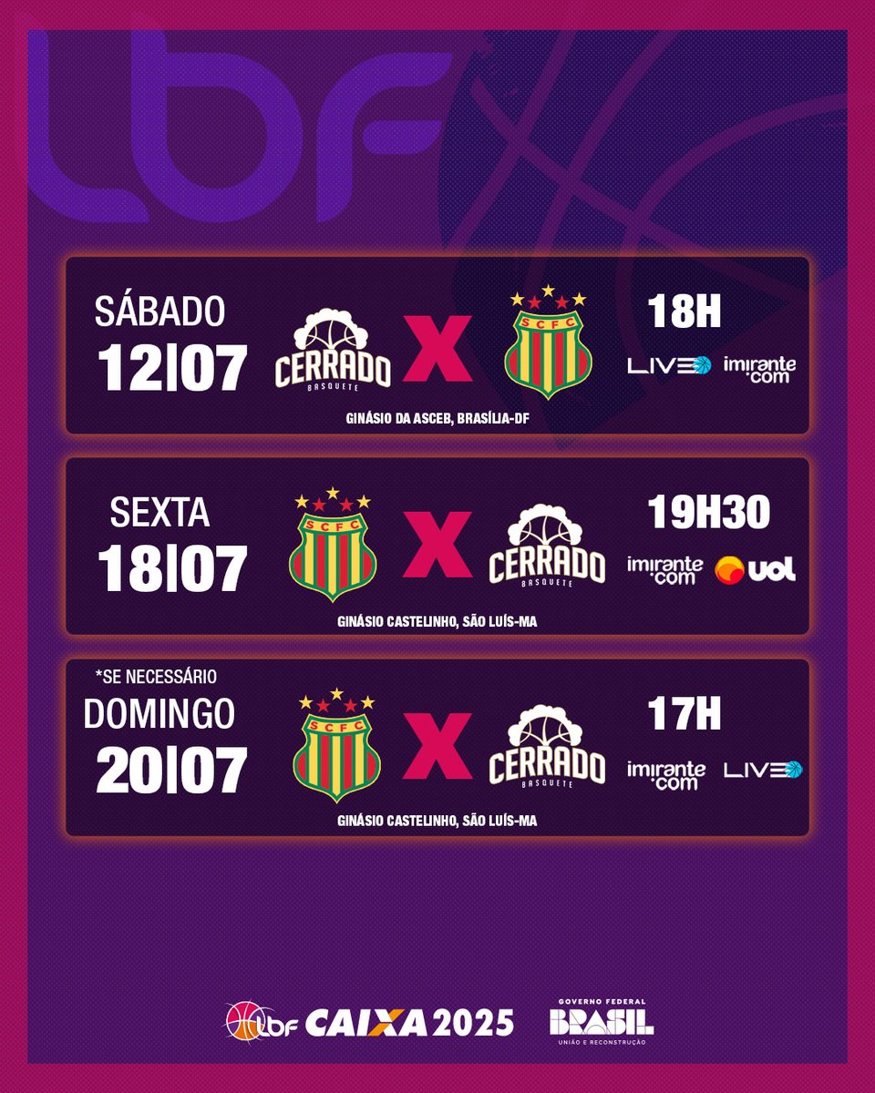 (1º) <a href="/SampaioBasket/">Sampaio Basquete</a> x (8º) <a href="/CerradoBasquete/">Cerrado Basquete</a> 

J1: 12/7, 18h, Ginásio da Asceb, Brasília/DF
J2: 18/7, 19h30, Ginásio Castelinho, São Luís/MA
J3*: 20/7, 17h, Ginásio Castelinho, São Luís/MA
(*Se necessário)

#LBF #basquete #BasqueteFeminino