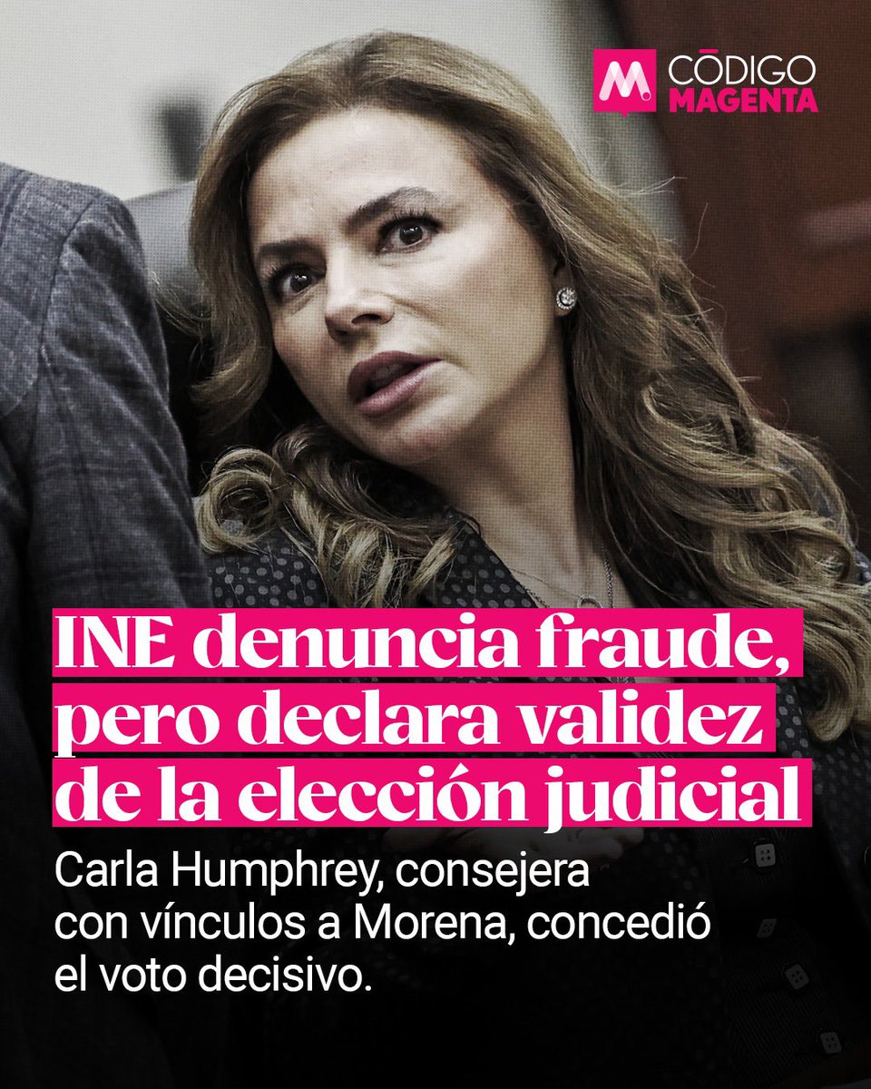 José Díaz (@jjdiazmachuca) on Twitter photo ⭕ <a href="/C_Humphrey_J/">Carla Humphrey</a>, la consejera del Instituto Nacional Electoral con vínculos a #Morena, otorgó el voto decisivo que permitió aprobar la validez de la #ElecciónJudicial. Esto, a pesar de que la mayoría de los miembros del Pleno del Consejo General del <a href="/INEMexico/">@INEMexico</a> detectaron serias ⭕ <a href="/C_Humphrey_J/">Carla Humphrey</a>, la consejera del Instituto Nacional Electoral con vínculos a #Morena, otorgó el voto decisivo que permitió aprobar la validez de la #ElecciónJudicial. Esto, a pesar de que la mayoría de los miembros del Pleno del Consejo General del <a href="/INEMexico/">@INEMexico</a> detectaron serias