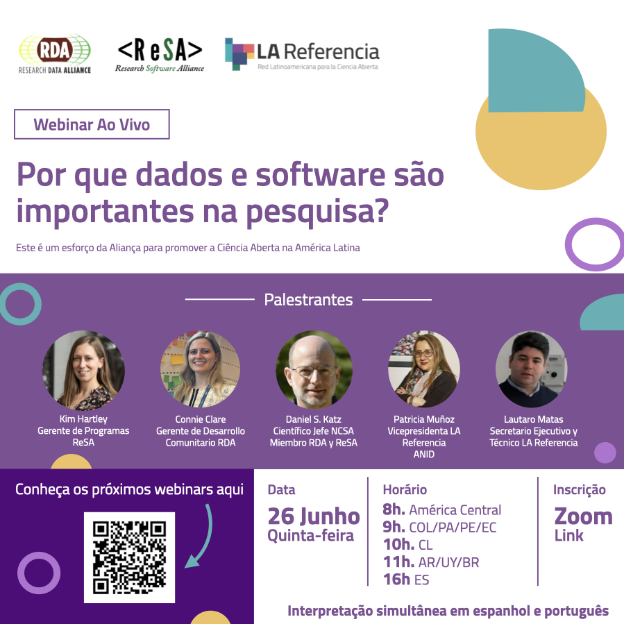 LAReferenciaAA's tweet photo. 🚨 ¡Este jueves es nuestro webinar sobre la importancia de los datos y el software en la investigación!

📝 Registro vía Zoom: https://t.co/H92swZIjmw

🌐 Interpretación simultánea al español y portugués

🗣️ Kim Hartley, @ConnieEClare, Daniel Katz, @MunozPalma y @lmatas https://t.co/mxKt79iA73