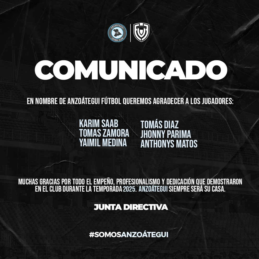 𝗕𝗮𝗷𝗮𝘀 ⬇

La junta directiva del club anzoatiguense agradece su compromiso con nuestra institución y les desea el mayor de los éxitos en sus próximos retos.

#SomosAnzoategui 🔵