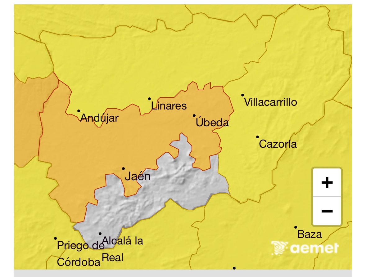 Buenos días 🌞

🟡🟠 Avisos amarillo y naranja para hoy, martes en la provincia de #Jaén

🟠 En el Valle del Guadalquivir por altas temperaturas 

🟡 En la Sierra de Cazorla y Segura por tormentas 

🟡 En Sierra Morena y El Condado por altas temperaturas