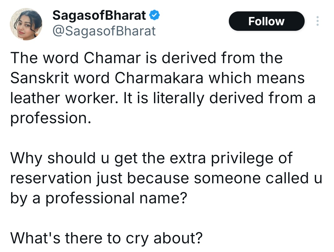 TyrantOppressor's tweet image. You say Chamar is &quot;just a profession-based name&quot;?

Then why do you proudly flaunt Sharma, Tiwari, Pandit, Iyengar, Deshmukh every day?

Your caste name gives you status. Their caste names were used to deny them water, food, land, education, temples, humanity. (1/2)