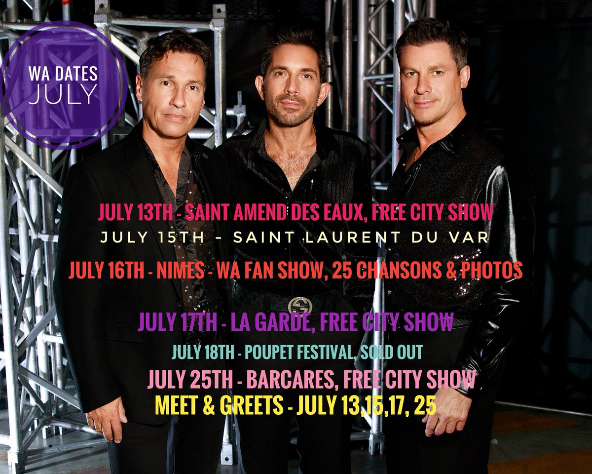 Worlds Apart dates in July, many opportunities to see
and meet us in July, some shows are free to enter so just arrive if you can. our own show in Nimes will be special - rejoignez-nous et chantez ensemble toutes nos chansons mémorables. Merci Nathan