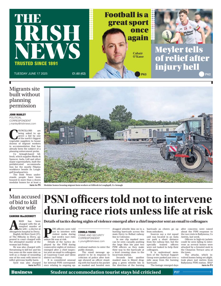 The front page of today’s Irish News.