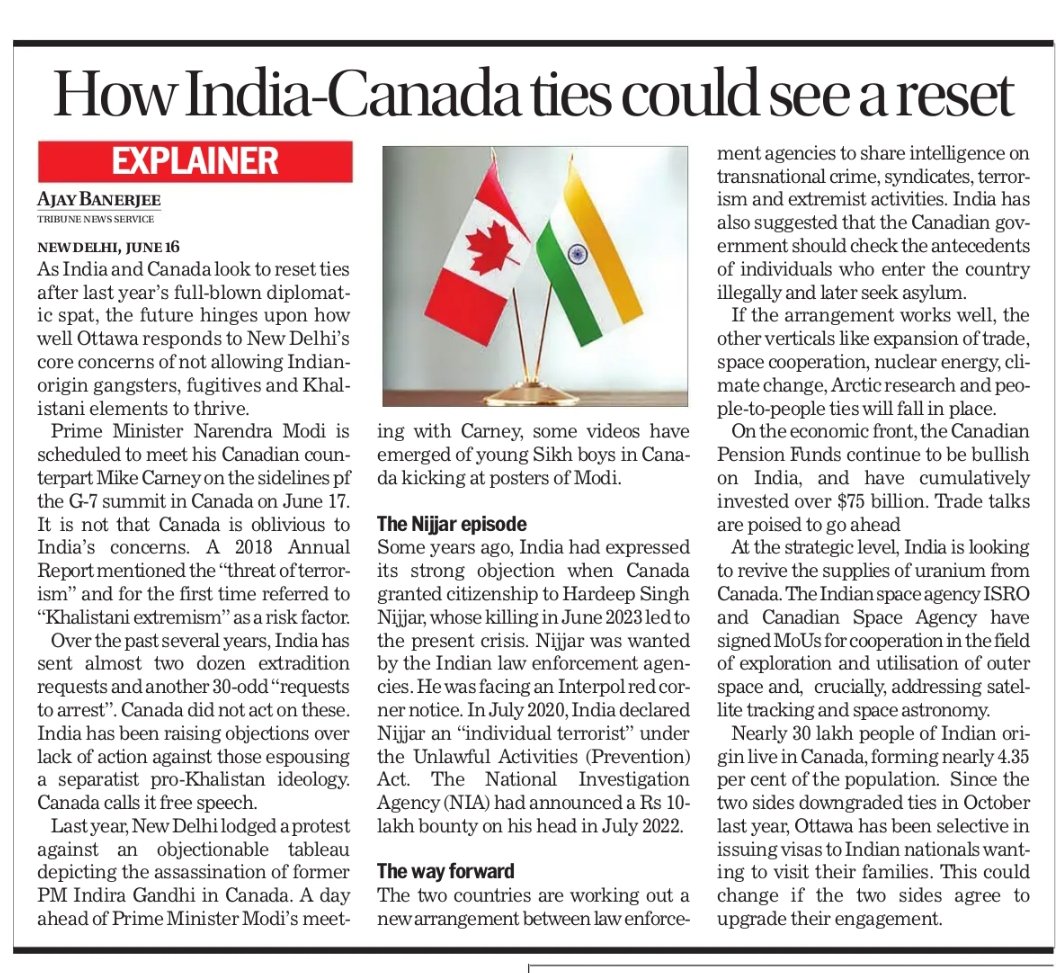 Canada will need to address core concerns of New Delhi to re-set relationship. Other verticals of trade, nuclear coop, space etc will fall in place.
<a href="/thetribunechd/">The Tribune</a>
<a href="/MEAIndia/">Randhir Jaiswal</a>
<a href="/HCI_Ottawa/">India in Canada</a>
Link 👇
tribuneindia.com/news/india/how…
