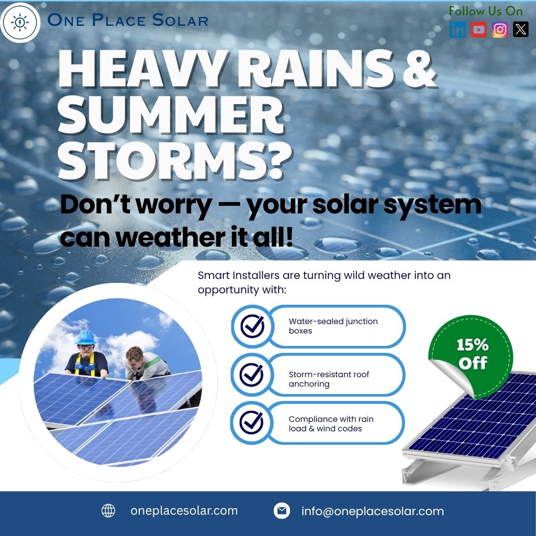 OnePlaceSolar's tweet image. Heavy Rains? 💨 Summer Storms?
No worries — your solar system is built to handle it all!
✅ Water-sealed junction boxes
✅ Storm-resistant anchoring
✅ Code-compliant wind &amp;amp; rain load designs
#SolarDurability #OnePlaceSolar #StormProof #RainReady #SummerSolar #WeatherSafeSolar