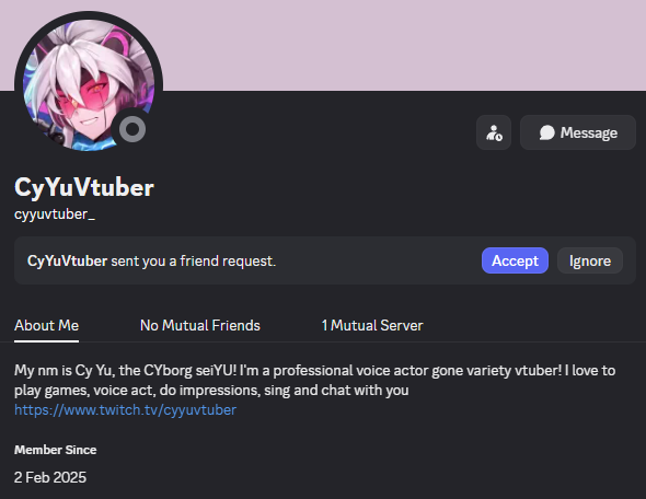 lesheran_'s tweet image. What a morning to wake up 😳

I cannot belive THE CyYu sent me a friend request on Discord!
And his account is only 4 months old... 
And he is only one one discord server...

Tl;Dr - Watch out people - Scammers everywhere