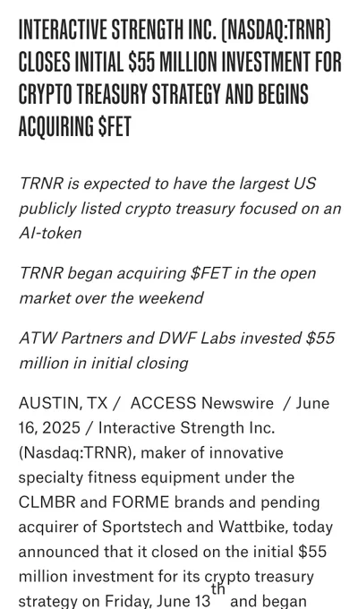 🚨 BREAKING: "Interactive Strength Inc. Completa Finanziamento da 55 Milioni di Dollari e Inizia Acquisto di AI Token FET"