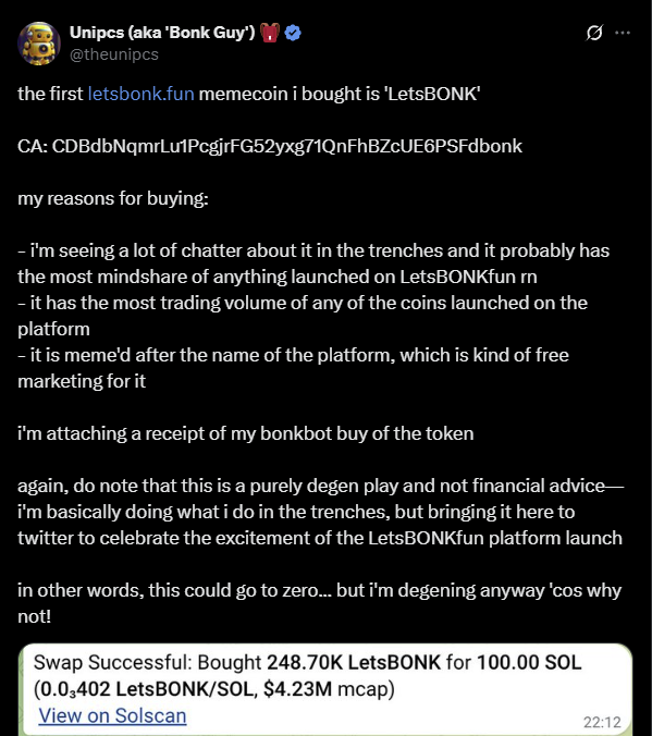 Lbonkonsol's tweet photo. "IT PROBABLY HAS THE MOST MINDSHARE OF ANYTHING LAUNCHED ON https://t.co/mykOOjkMEV RN"
"IT IS MEME'D AFTER THE NAME OF THE PLATFORM, WHICH IS FREE MARKETING FOR IT" 
  Those are the words of @theunipcs about $Letsbonk https://t.co/xUqFuTgEs2