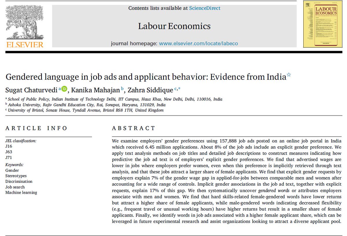 Sugat Chaturvedi (@sugatchaturvedi) on Twitter photo 🚨Happy to share our #OpenAccess publication with <a href="/kanmahajan/">kanika mahajan</a> & Zahra Siddique in Labour Economics! We analyze gendered language in job ads and its link to #GenderWageGap using 6M+ applications to 160K jobs ads in India.
🔗doi.org/10.1016/j.labe…
#WomenInWorkforce #EconTwitter 🚨Happy to share our #OpenAccess publication with <a href="/kanmahajan/">kanika mahajan</a> & Zahra Siddique in Labour Economics! We analyze gendered language in job ads and its link to #GenderWageGap using 6M+ applications to 160K jobs ads in India.
🔗doi.org/10.1016/j.labe…
#WomenInWorkforce #EconTwitter