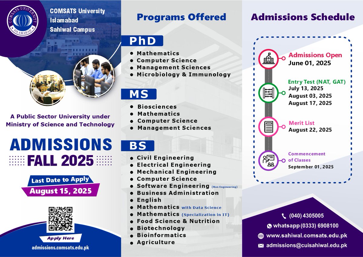 ADMISSIONS Fall 2025 - OPEN NOW at CUI Sahiwal Campus

BS | MS | PhD Programs

#COMSATS #University #Islamabad #Sahiwal #Cmapus #CUI #COMSATSSahiwal #Admissions #AdmissionsOpen #admissionsopen2025_26 #BS #MS #PhD #BSPrograms #MSPrograms #Fall2025Admissions <a href="/CUIofficial/">CUI-Official</a>