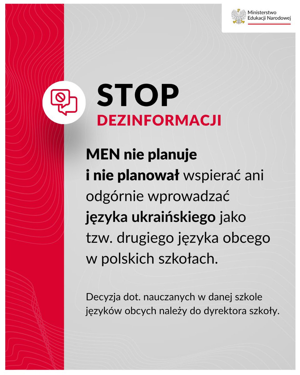 ⚠️  W przestrzeni publicznej pojawiają się fałszywe informacje dot. rzekomego wspierania przez MEN lub narzucania szkołom organizacji lekcji języka ukraińskiego jako tzw. drugiego języka obcego (w miejsce np. języka niemieckiego lub języka francuskiego). #fakenews

📌  W polskim