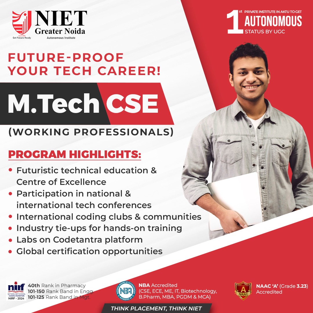 niet_grnoida's tweet image. Future-Proof Your Tech Career!
Advance your expertise with M.Tech in CSE (for Working Professionals) at NIET Greater Noida – the 1st private institute in AKTU to earn Autonomous Status by UGC!

Stay ahead, stay skilled – without pausing your career!
.
#MTechCSE