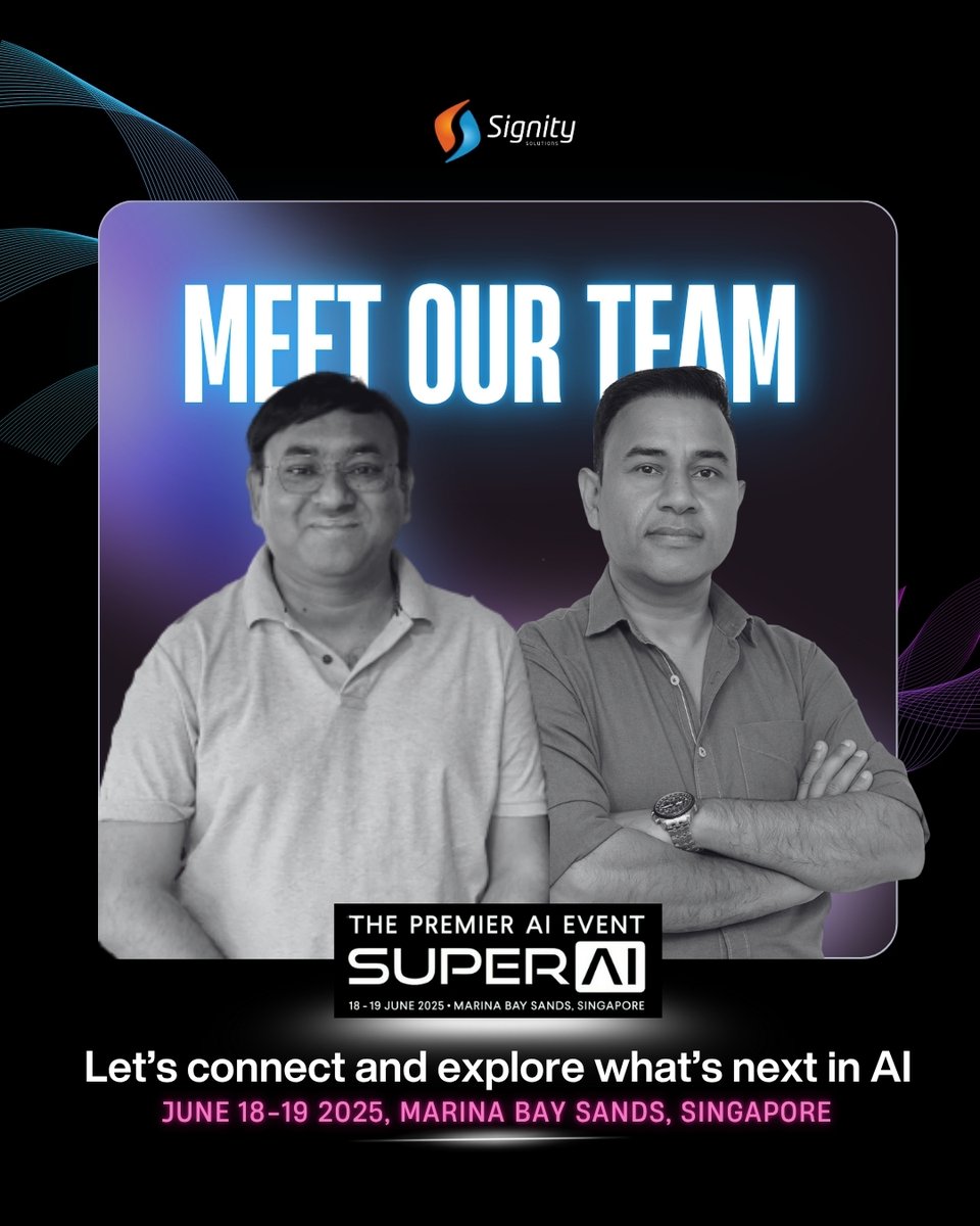 AI is evolving fast—but it's the people behind the innovation who make it meaningful.

Meet the #SignitySolutions team at #SuperAI2025, June 18–19 🇸🇬

From agentic systems to RAG pipelines &amp; conversational AI—we turn breakthroughs into business value.

#FutureOfAI #AIForBusiness