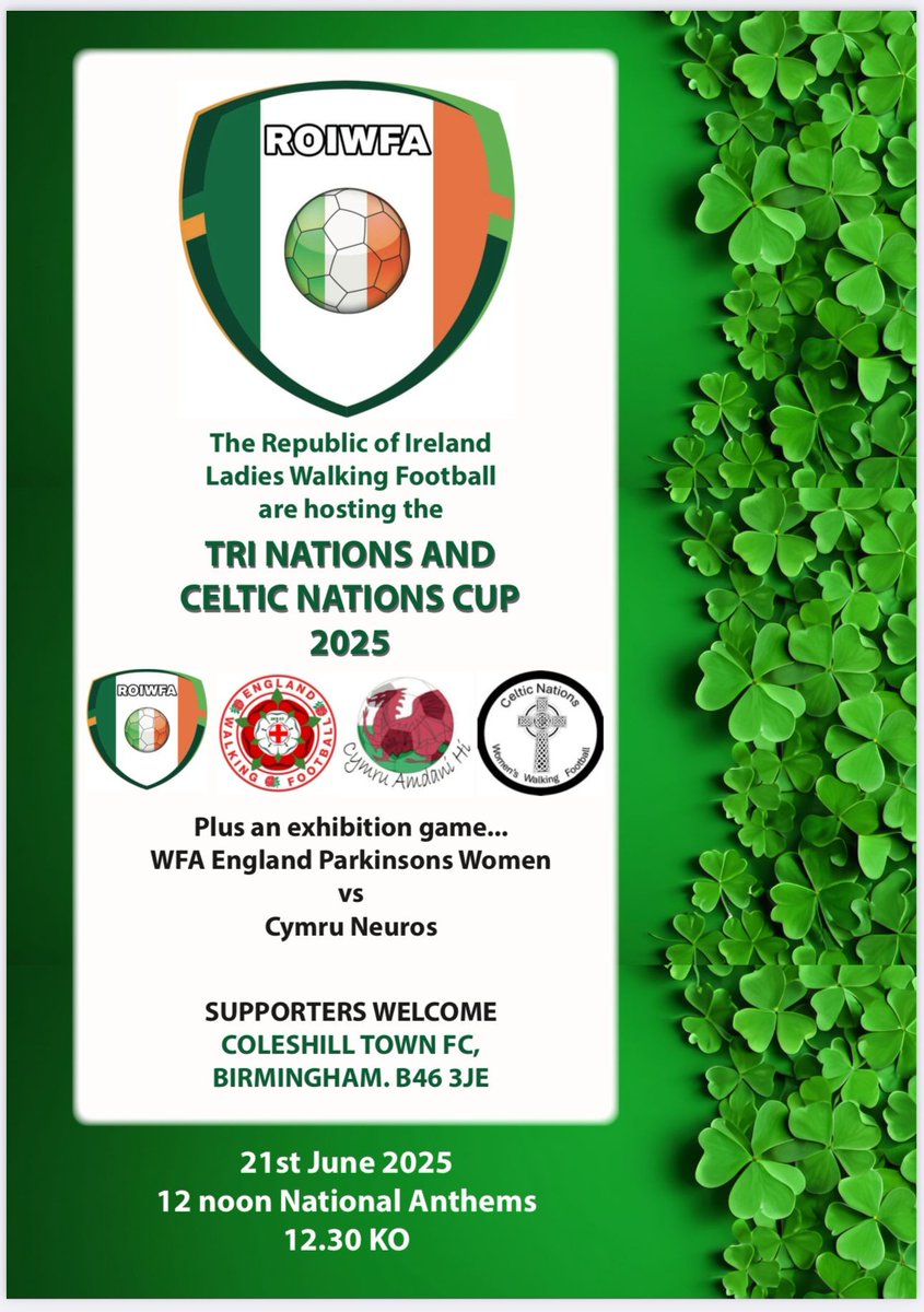 The ROIWFA Ladies host the Four Nations Cup on the 21st June 2025, with a special exhibition game involving the England Parkinson's Women and the Cymru Neuros team.☘️🇮🇪🏴󠁧󠁢󠁥󠁮󠁧󠁿🏴󠁧󠁢󠁷󠁬󠁳󠁿👩‍🦰