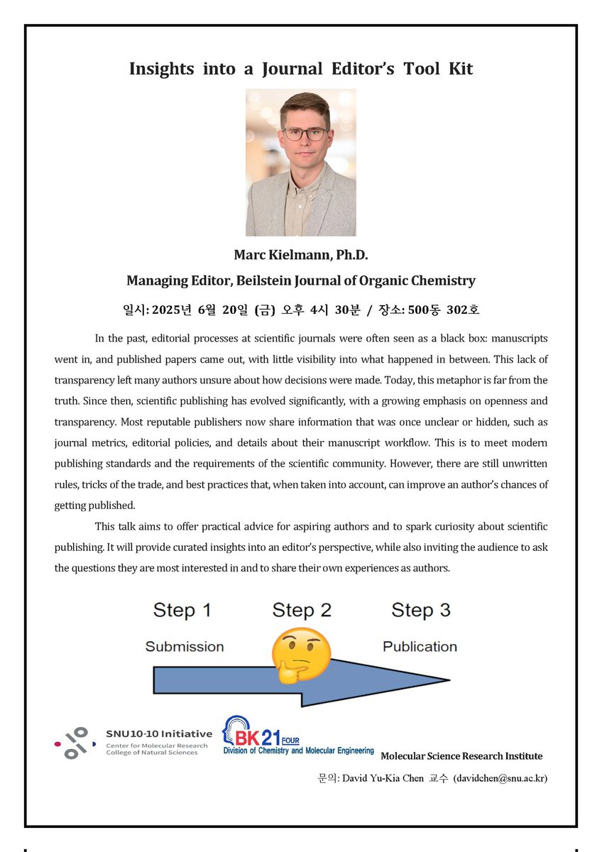 Marc Kielmann (@henloeditorfren) on Twitter photo Please drop by and check out my talk at Seoul National University <a href="/chemsnu/">Chemistry Department at Seoul National University</a> if you're around Seoul 🇰🇷 this Friday (June 20). Thanks SNU for the kind invitation. Please drop by and check out my talk at Seoul National University <a href="/chemsnu/">Chemistry Department at Seoul National University</a> if you're around Seoul 🇰🇷 this Friday (June 20). Thanks SNU for the kind invitation.