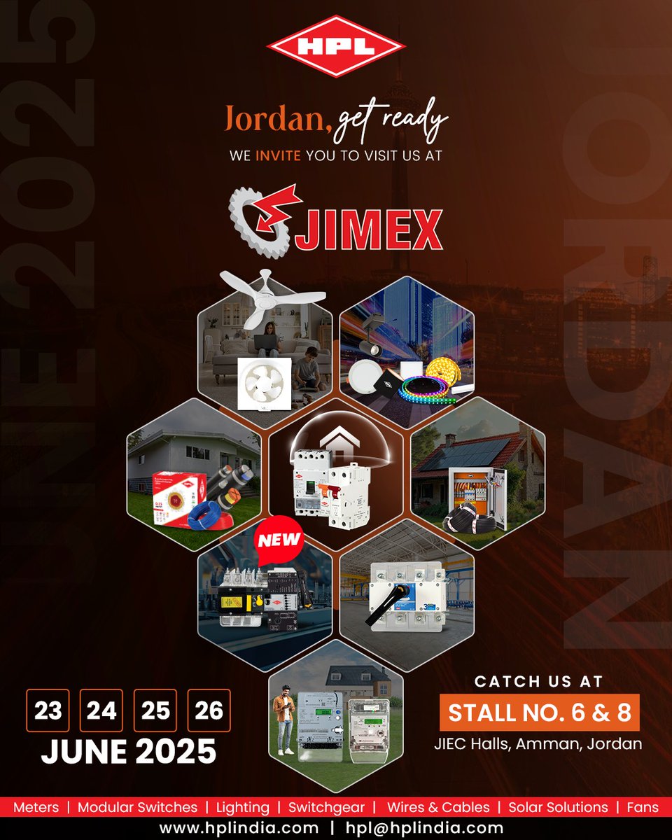 HPL_Official's tweet photo. Just a few days left until JIMEX Jordan 2025! HPL is excited to be there, and we can't wait to welcome you at our booth. 

Join us to explore our latest innovations! ⚡

#HPL #Jordan #JIMEX2025 #HPLIndia #JIMEX #Exhibition https://t.co/yDxCkkOTPk