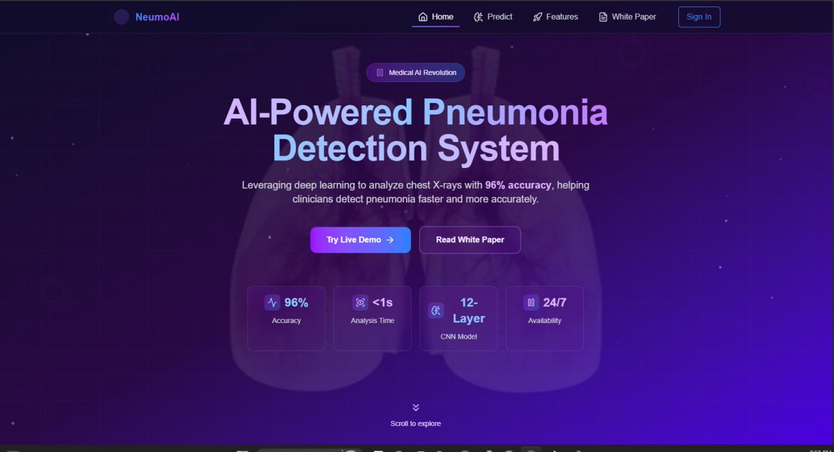 arnold0duor's tweet image. Pneumonia Detection using custom CNNs

🚀🚀Now online

neumoai.netlify.app