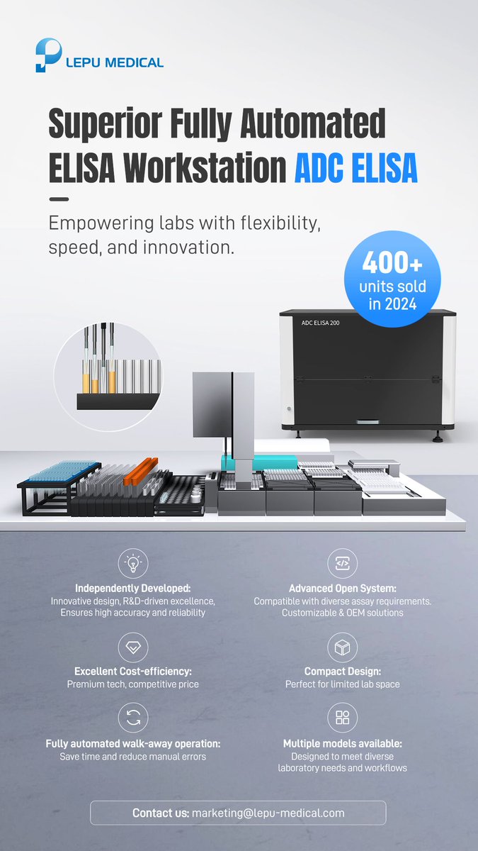 🌟 Superior Fully Automated ELISA Workstation – ADC ELISA 🌟

🚀 400+ units sold in 2024 – a testament to global trust and performance.

#ADCELISA #FullyAutomatedELISA

Contact us 📧>>marketing@lepu-medical.com 
Visit #lepumedical website for more >>en.lepumedical.com