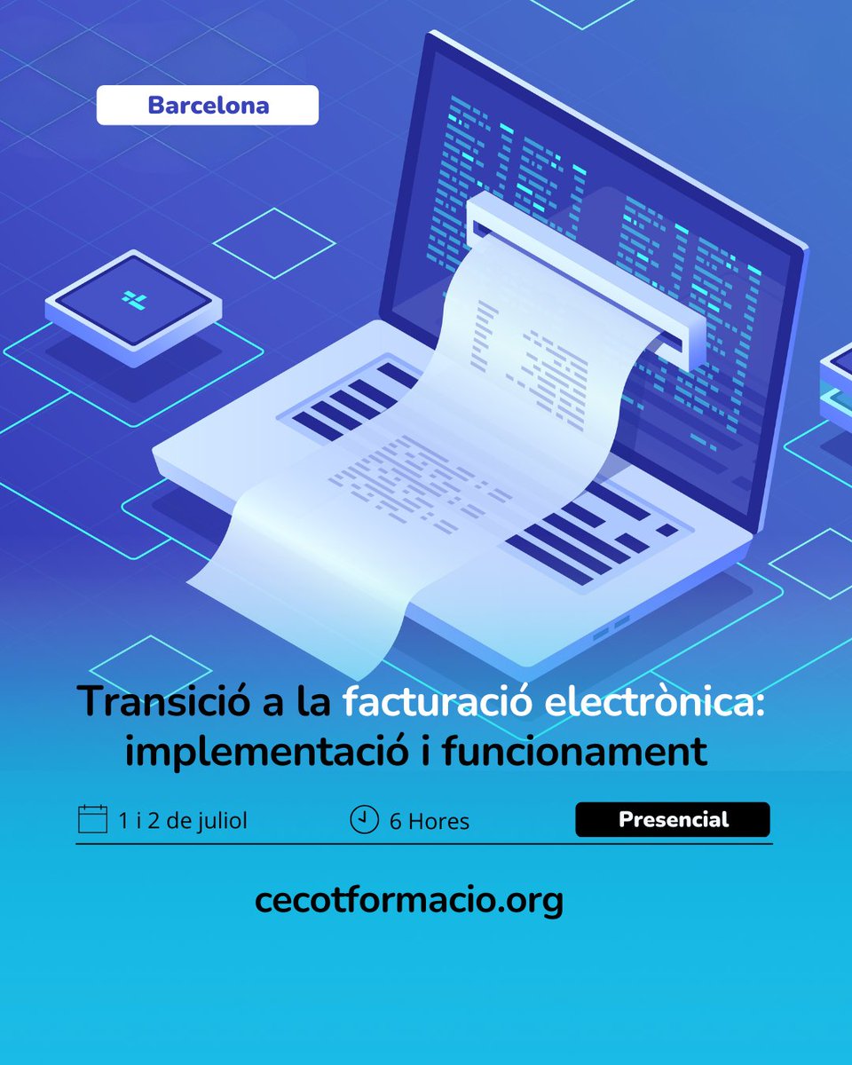Cecot Formació (@cecotformacio) on Twitter photo 12a edició!
💻 Transició a la facturació electrònica: estàs preparat/da pel canvi?
🚨 Si ets assessor/a, comptable o gestiones l’administració d’una empresa, aquest curs t’interessa!
🗓️ 01 i 02 juliol
👉Informació f.mtr.cool/qfxozrztja
#FacturacióElectrònica #Verifactu #SII 12a edició!
💻 Transició a la facturació electrònica: estàs preparat/da pel canvi?
🚨 Si ets assessor/a, comptable o gestiones l’administració d’una empresa, aquest curs t’interessa!
🗓️ 01 i 02 juliol
👉Informació f.mtr.cool/qfxozrztja
#FacturacióElectrònica #Verifactu #SII