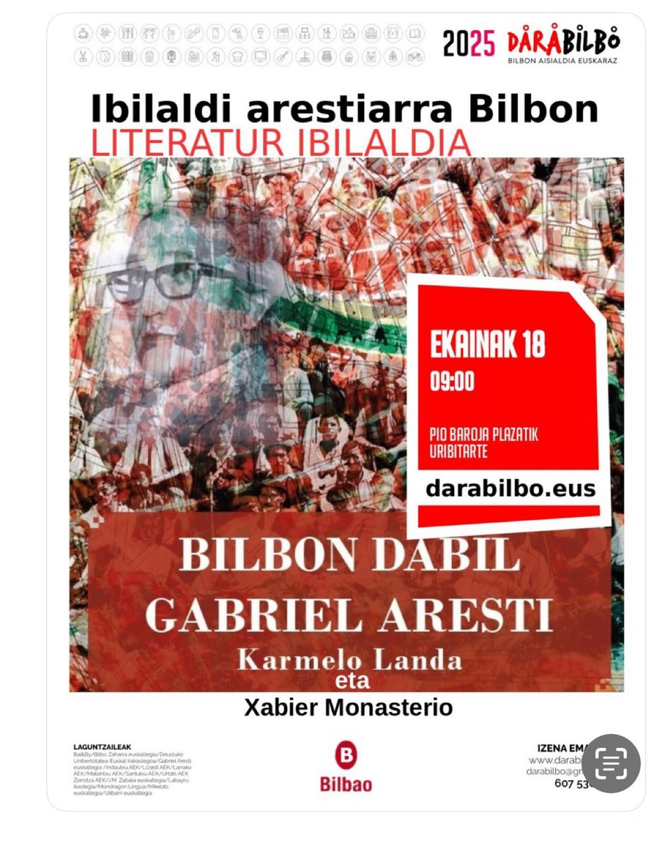 Ibilaldia Bilbon bihar, ekainak 18, ⁦<a href="/Darabilbo/">Darabilbo</a>⁩ elkarteak eta Gabriel Aresti Kultura Elkarteak antolatuta. Xabier Monasterio eta Karmelo Landa gidari. #BilbondabilGabrielAresti