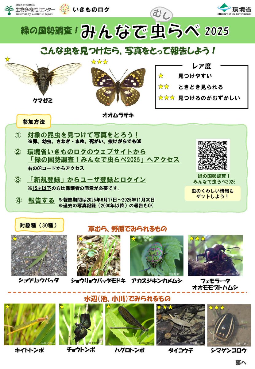 Kankyo_Jpn's tweet image. \🦋来たれ、昆虫博士!/
#生物多様性センター では、 #昆虫 の市民調査 「緑の国勢調査!みんなで虫らべ2025」を #いきものログ にて実施中✨
ぜひ積極的な参加をお願いします💪
詳細はこちら👇
env.go.jp/press/press_05…
#生物多様性 #自然観察