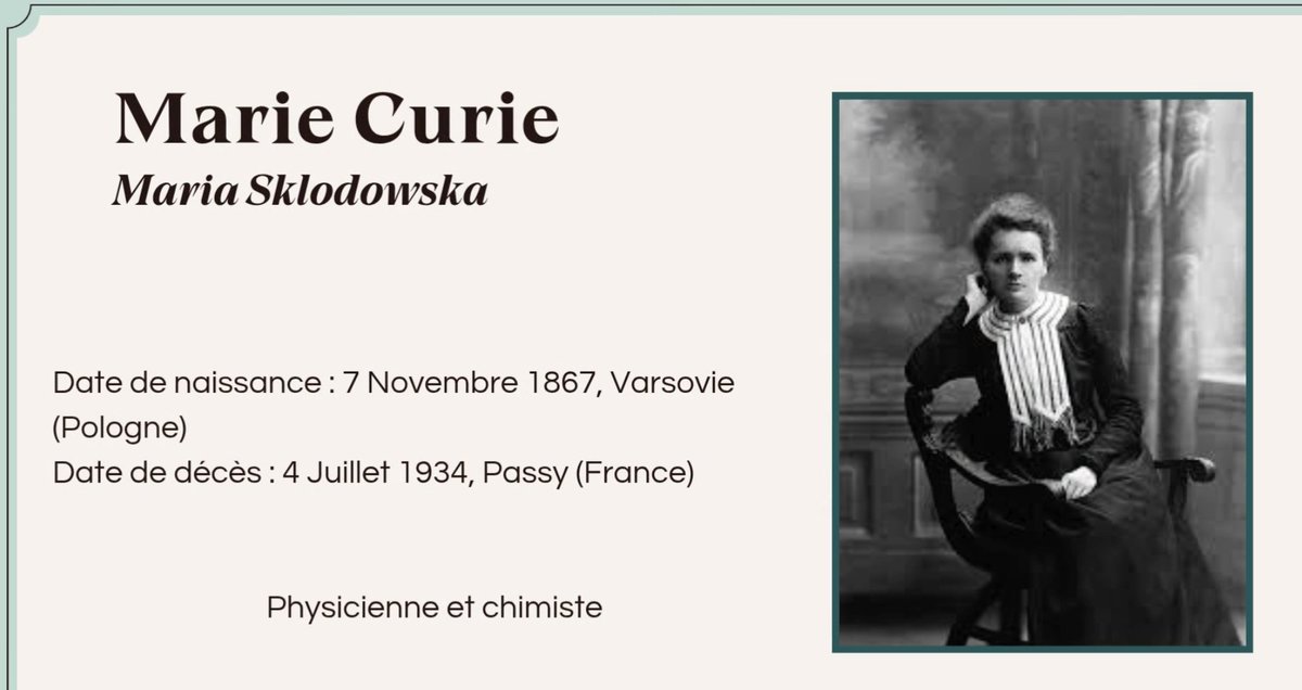 Laetitia UTZERI (@laetitiautzeri) on Twitter photo 🎓 Capsule 5 – Les Petits Portraits des Grandes Scientifiques
La dernière capsule de la série est en ligne, et elle met à l'honneur une figure incontournable : Marie Curie.
🧪 Découvrez là par ici :
nuage03.apps.education.fr/index.php/s/CJ…
<a href="/AcademieNice/">Académie de Nice</a> <a href="/MacarioPujante/">Christel Pujante Macario</a> <a href="/IENToulon2/">IEN TOULON 2</a> 🎓 Capsule 5 – Les Petits Portraits des Grandes Scientifiques
La dernière capsule de la série est en ligne, et elle met à l'honneur une figure incontournable : Marie Curie.
🧪 Découvrez là par ici :
nuage03.apps.education.fr/index.php/s/CJ…
<a href="/AcademieNice/">Académie de Nice</a> <a href="/MacarioPujante/">Christel Pujante Macario</a> <a href="/IENToulon2/">IEN TOULON 2</a>